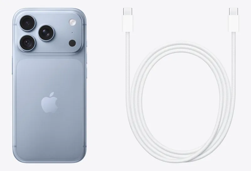 iPhone 18 Pro in Glacier next to a braided USB‑C Charge Cable